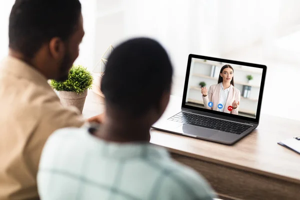 Black Couple Having Video Call Online Consultation With Manager Indoor — Stock Photo, Image