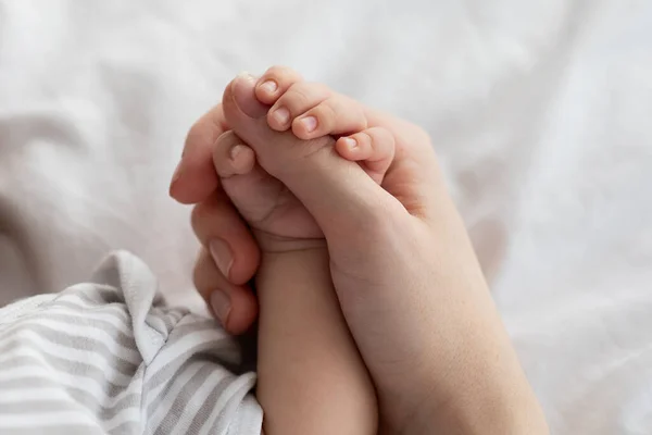 Προστασία Μητέρων. Κλείσιμο του αγνώριστη μαμά κρατώντας μικροσκοπικό χέρι του νεογέννητου μωρού — Φωτογραφία Αρχείου