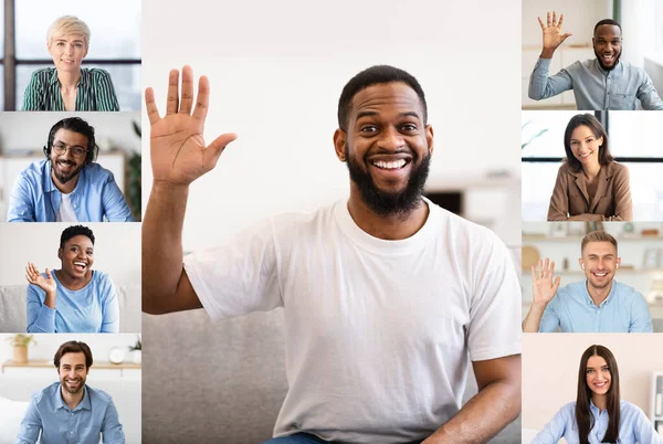 Group Video Call. Webcam Screenshot Of Diverse Men And Women Web Conferencing — Stock Photo, Image