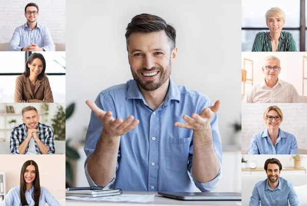 Handsome Businessman Leading Group Video Conference With Colleagues, Webcam Screenshot — Stock Photo, Image