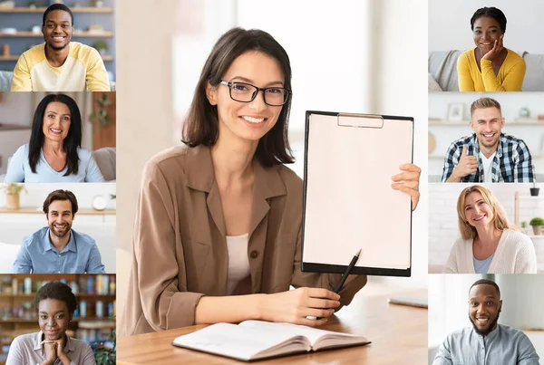 Online Tutoring Concept. Female Tutor Having Virtual Lesson With Group Of Students — Stock Photo, Image