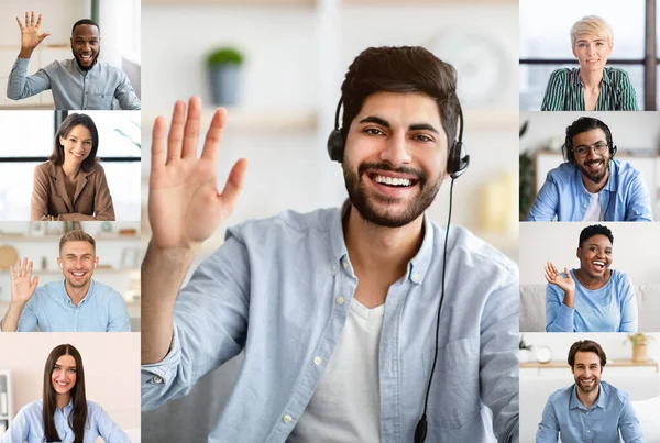 Video Conference. Multiethnic Group Of People Having Online Call Together, Screenshot — Stock Photo, Image