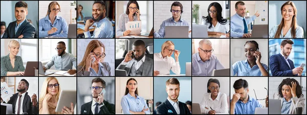 Colagem de pessoas de negócios multirraciais expressando emoções diferentes, usando gadgets, fazendo seu trabalho — Fotografia de Stock
