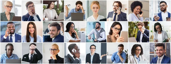 Conjunto de pessoas de negócios em desgaste formal mostrando variedade de emoções, usando tecnologias modernas, fazendo trabalho de escritório — Fotografia de Stock