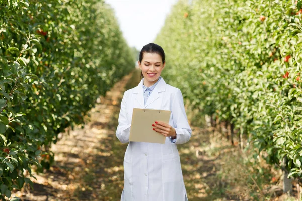 stock image Agronomist collects data of cultivation organic fruits on eco farm