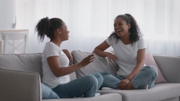Gelukkig zusterschap en goede familierelaties. Positieve tiener en volwassen Afrikaans amerikaanse zusters praten thuis — Stockvideo