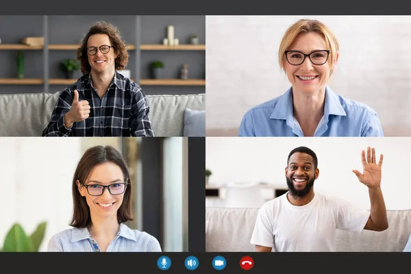 Smiling men and women making online videochat, screen view — Stock Photo, Image