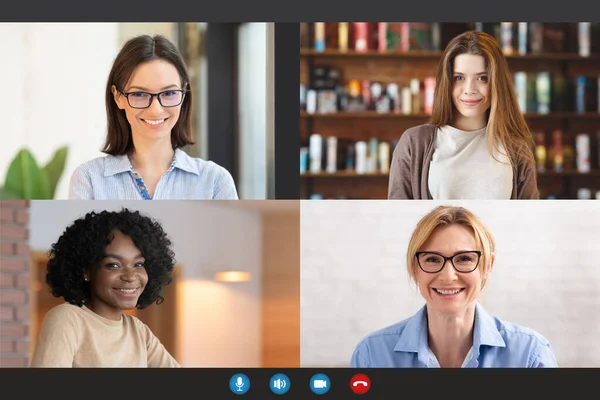 Olika kvinnor som gör online videochatt, skärmvy — Stockfoto