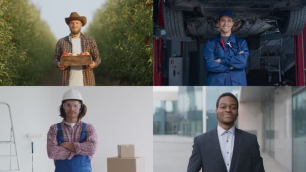 Творческий коллаж из четырех мужчин в униформе: садовник, автомеханик, строитель и бизнесмен — стоковое видео
