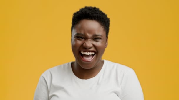 Плюс-размер афроамериканка смеется вслух над желтым фоном — стоковое видео