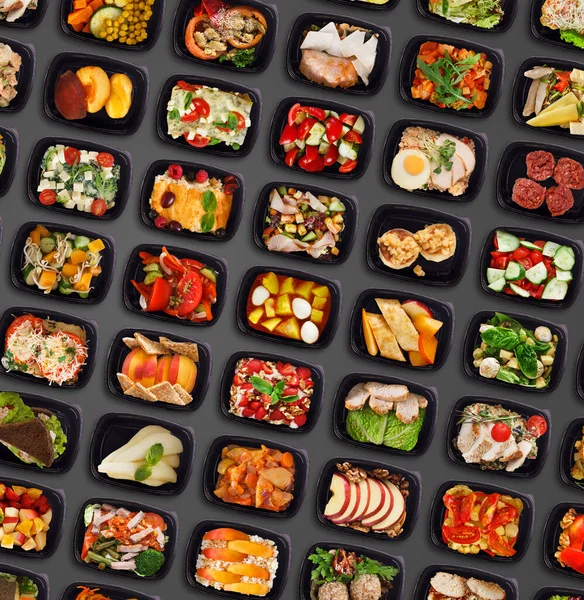 Food Delivery Background With Different Take Away Meals In Black Plastic Containers — Fotografia de Stock