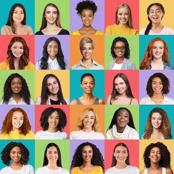 Hermosas damas jóvenes sonriendo en fondos coloridos, conjunto de fotos — Foto de Stock
