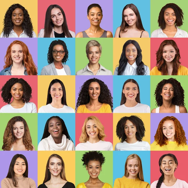 Femmes gaies différentes nationalités et âges sur des milieux colorés, collage — Photo