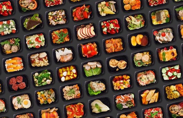 Mangiare nel modo giusto. Take Away contenitori con cibo sano su sfondo nero — Foto Stock