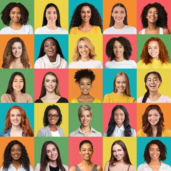 Glückliche Damen unterschiedlicher Nationalitäten und Altersgruppen auf farbenfrohen Hintergründen, Collage — Stockfoto