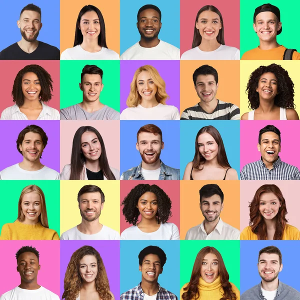 Portraits de personnes millénaires multiraciales heureuses posant sur des fonds colorés — Photo