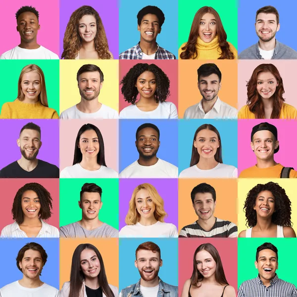 Samling av bilder av multiracial studenter på färgglada bakgrunder — Stockfoto