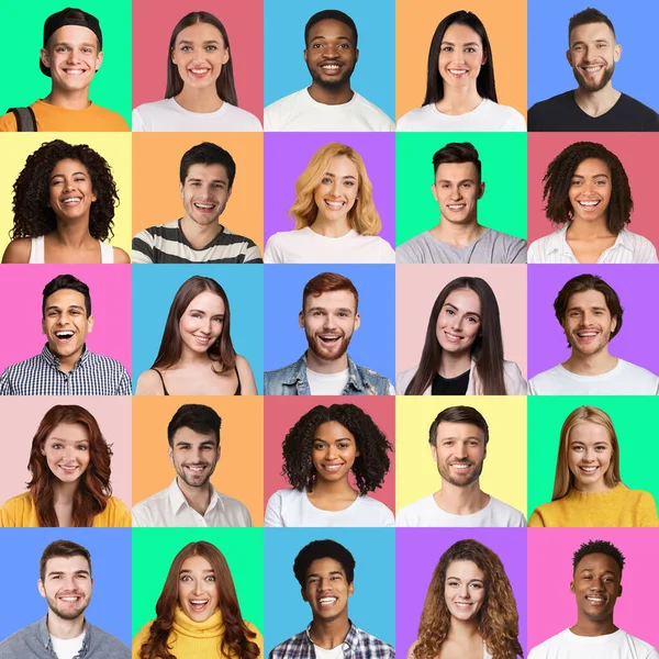 Jeunes positifs posant sur des milieux de studio colorés — Photo