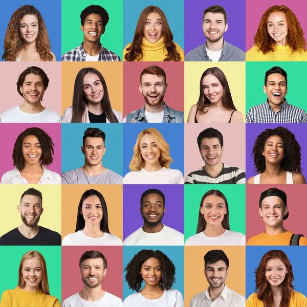 Portrety pozytywnych wielorasowych milenijnych osób pozujących na barwnych tłach — Zdjęcie stockowe