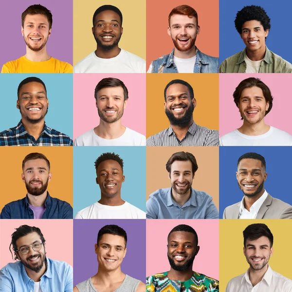 Diversos rostos masculinos felizes com penteados diferentes, conjunto de fotos — Fotografia de Stock