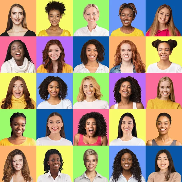 Avatar di attraenti donne felici di diverse nazionalità, collage — Foto Stock