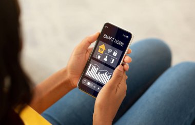 Akıllı ev güvenliği, durum, havalandırma ve ışıklandırma sistemi, otomasyon ve konfor için mobil uygulama