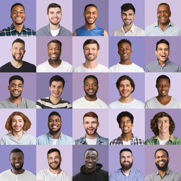 Różnorodne pozytywne męskie twarze z różnymi fryzurami, kolekcja zdjęć — Zdjęcie stockowe