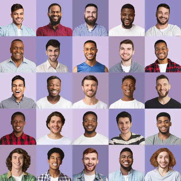 Caras masculinas sobre fondos de estudio púrpura, colección de retratos — Foto de Stock