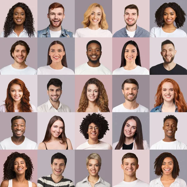 Positive multiracial men and women cheerfully smiling at camera, collage — Stock Photo, Image
