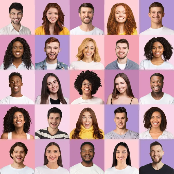 Gente rica y multirracial sonriendo alegremente, conjunto de fotos — Foto de Stock