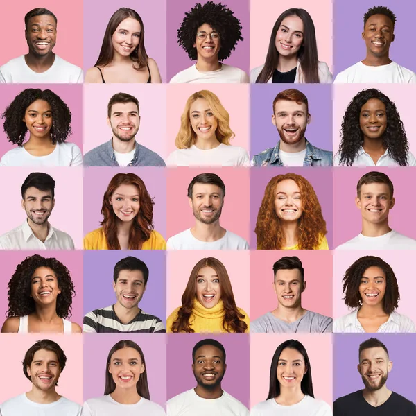Entzückte multirassische Männer und Frauen, die fröhlich in die Kamera lächeln, Collage — Stockfoto