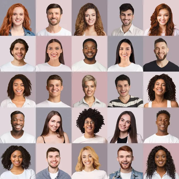 Personas despreocupadas multirraciales mostrando sonrisas blancas, colección de retratos —  Fotos de Stock