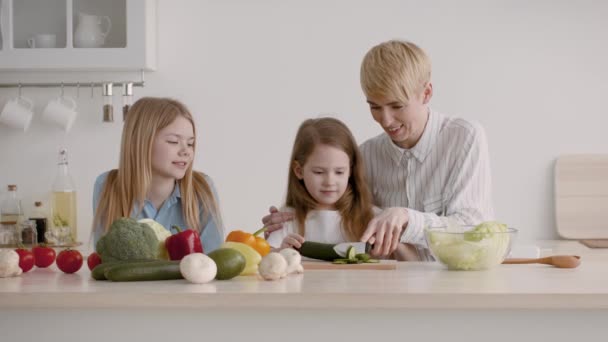 Madre insegnare figlie a cucinare il taglio di verdure rendendo insalata al coperto — Video Stock