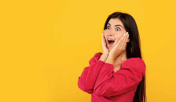 Enorme concetto di vendita o promo. donna armena sorpreso urla, guardando lo spazio libero su sfondo giallo, panorama — Foto Stock