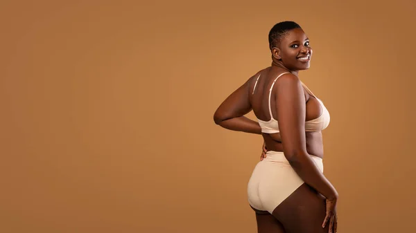 Portret van bochtige glimlachende Afro-Amerikaanse vrouw in Lingerie, Banner — Stockfoto