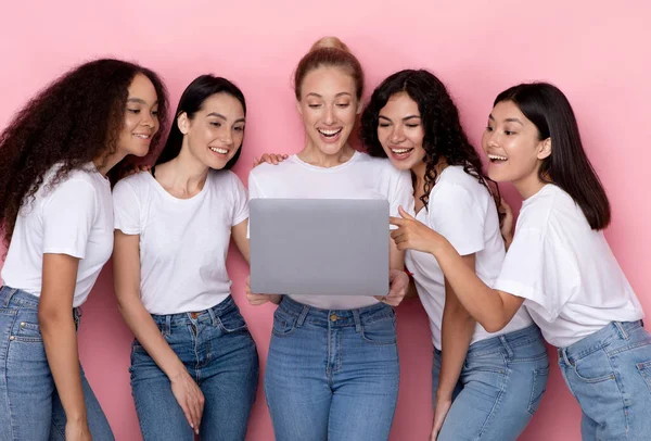 ノートパソコンを使った多民族女性がピンクの背景に立ち上がる — ストック写真