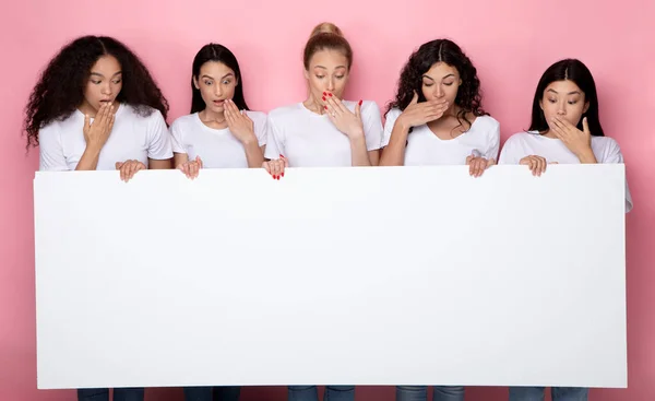 Emocionado diversas señoras mostrando gran cartel en blanco en rosa Backgroun — Foto de Stock