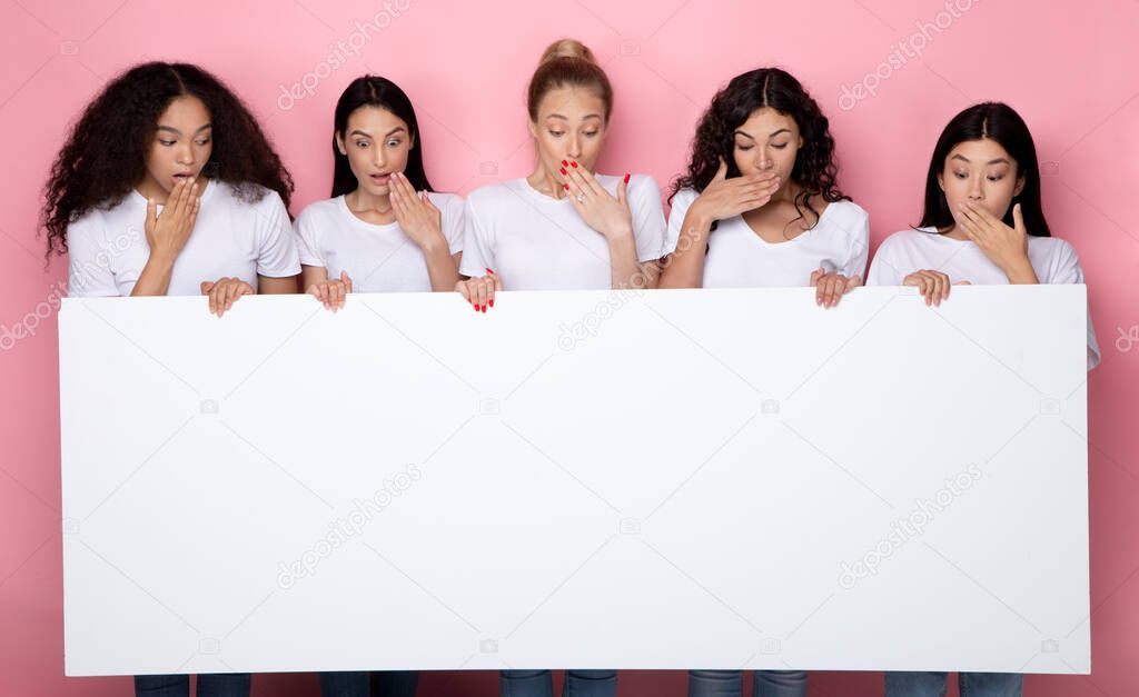 Excited Diverse Ladies Showing Big Blank Poster On Pink Backgroun