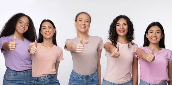 Diverse Females Group Gesturing Thumbs Up Over White Background, Panorama — Stock Photo, Image