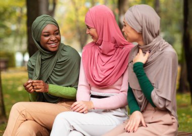 Çok ırklı İslamcı kadınlar parkta bankta oturmuş konuşuyor.