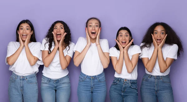 Cinco señoras multirraciales gritando de emoción en el fondo del estudio púrpura — Foto de Stock