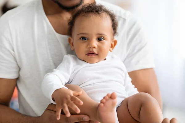 Child Care. Closeup Of Cute Little Black Infant Baby In Fathers Hands — Stock Photo, Image