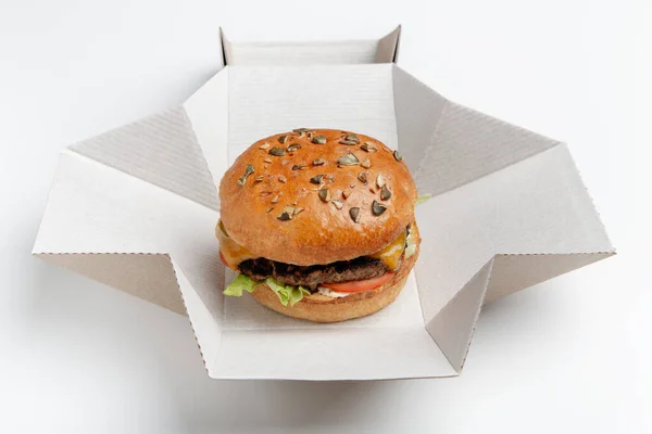 Takeaway, entrega de fast food para escritório e casa, ordem de almoço, conceito moderno de refeição de negócios — Fotografia de Stock