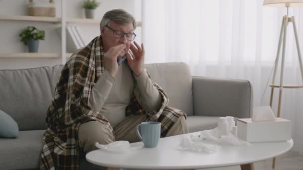 Medicina popular. Homem idoso doente com febre envolto em xadrez quente bebendo chá quente, sofrendo de dor de cabeça — Vídeo de Stock