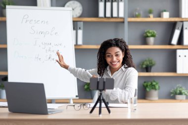 Kadın webcam 'e bak, internetten çalış, hoca, ses konferansı, webinar, e-öğrenim