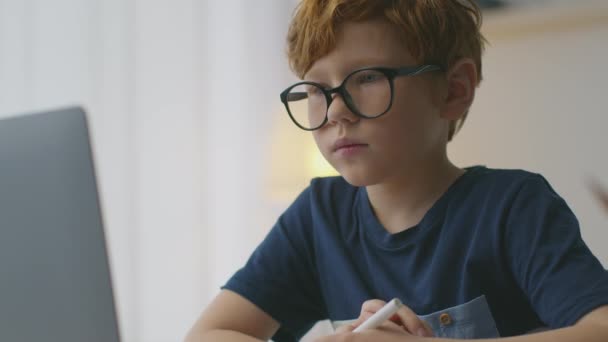 Retrato do pequeno aluno ruivo usando óculos de vídeo conversando com o tutor via laptop, estudando em casa — Vídeo de Stock