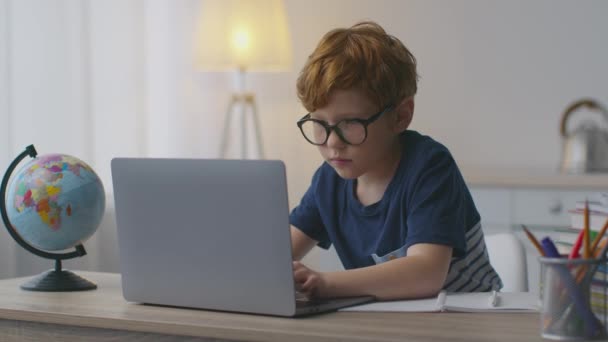 Pequeño pelirrojo con gafas que estudia en casa, escribiendo en el ordenador portátil, aprendiendo a través de la plataforma educativa en línea en casa — Vídeos de Stock