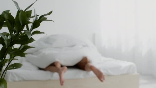 Ласковая пара, занимающаяся любовью в спальне, ноги торчат из-под одеяла — стоковое видео