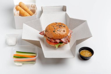 Paket yemek, restoran seti, modern teslimat hizmeti, iş.