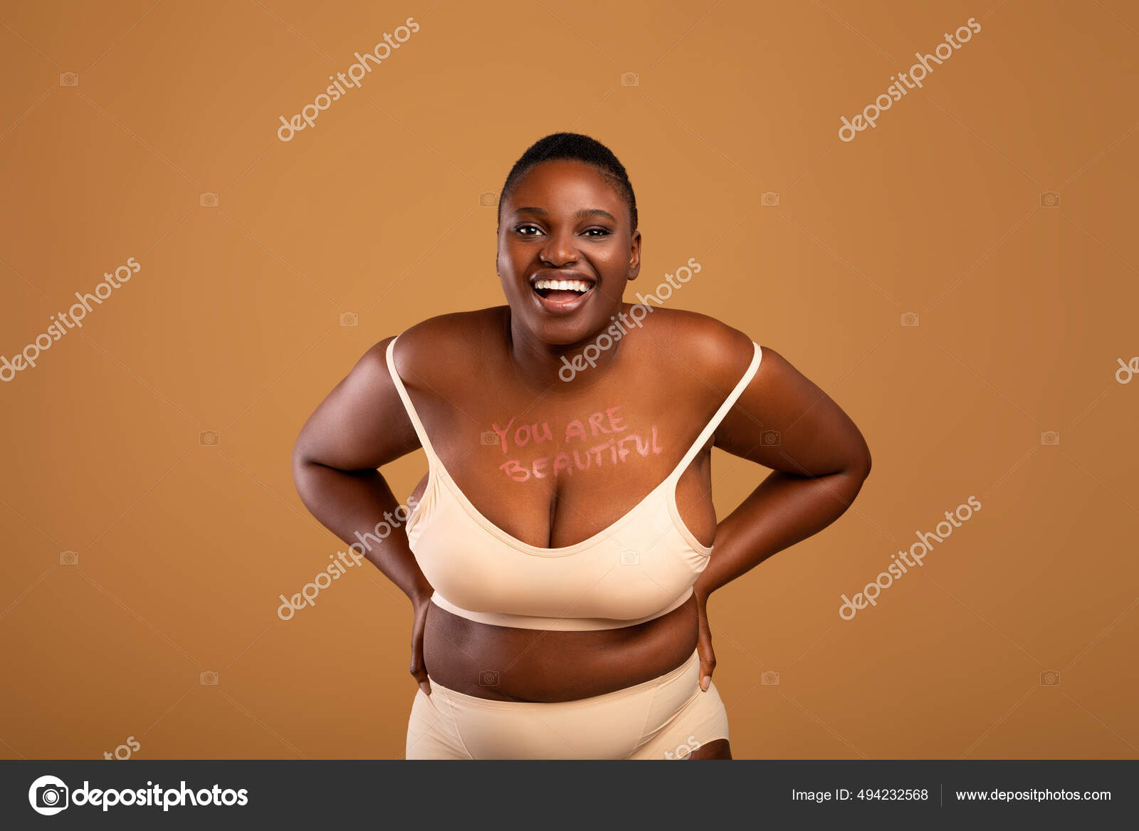 You Are Beautiful. Portrait Of Curvy Black Woman In Underwear
